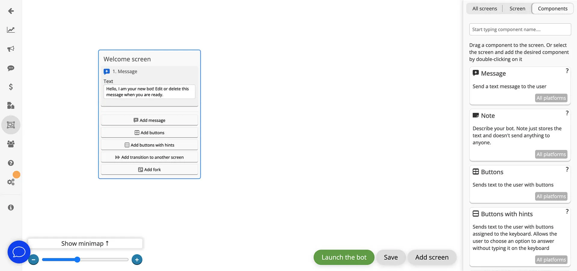 Botmother visual editor: the start screen of a new bot